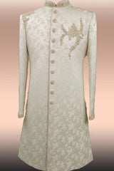 Off -White Jacquard Wedding Sherwani in Zardosi