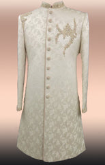 Off -White Jacquard Wedding Sherwani in Zardosi